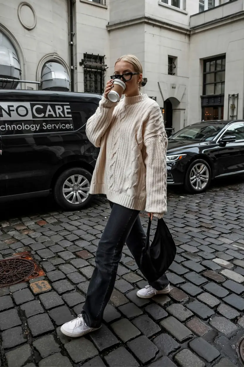 trendy winter outfits ideas 20252026 Cream Knit and Denim Cool