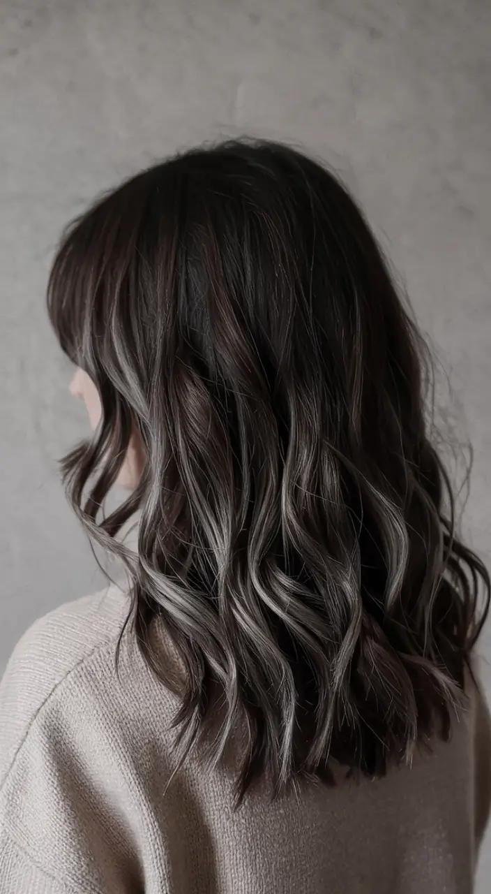 winter 2025 2026 hair colors highlights Smoky Charcoal Waves