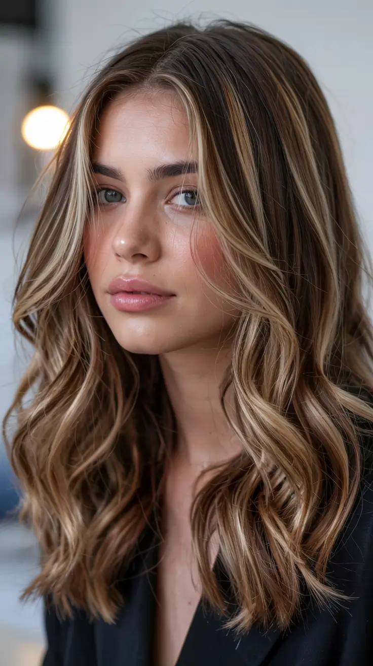 winter 2025 2026 hair colors highlights Golden Honey Blend with Loose Waves
