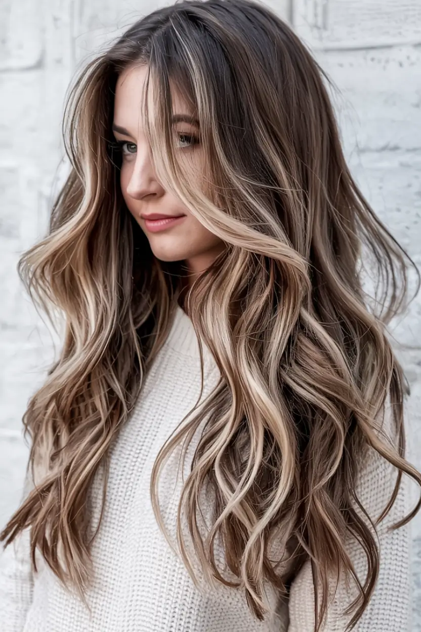 winter 2025 2026 hair colors highlights Beige and Ash Balayage Flow