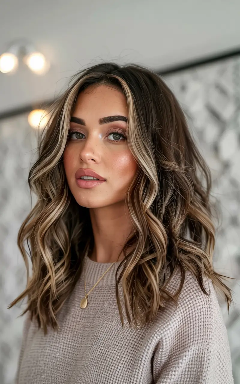 winter 2025 2026 hair colors highlights Hazelnut Balayage with Bright Ends