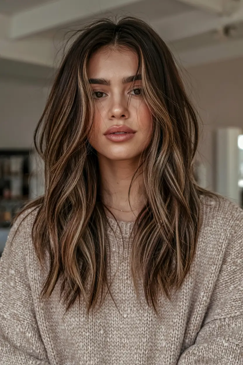 winter 2025 2026 hair colors highlights Toffee Highlights on Mid-Length Layers