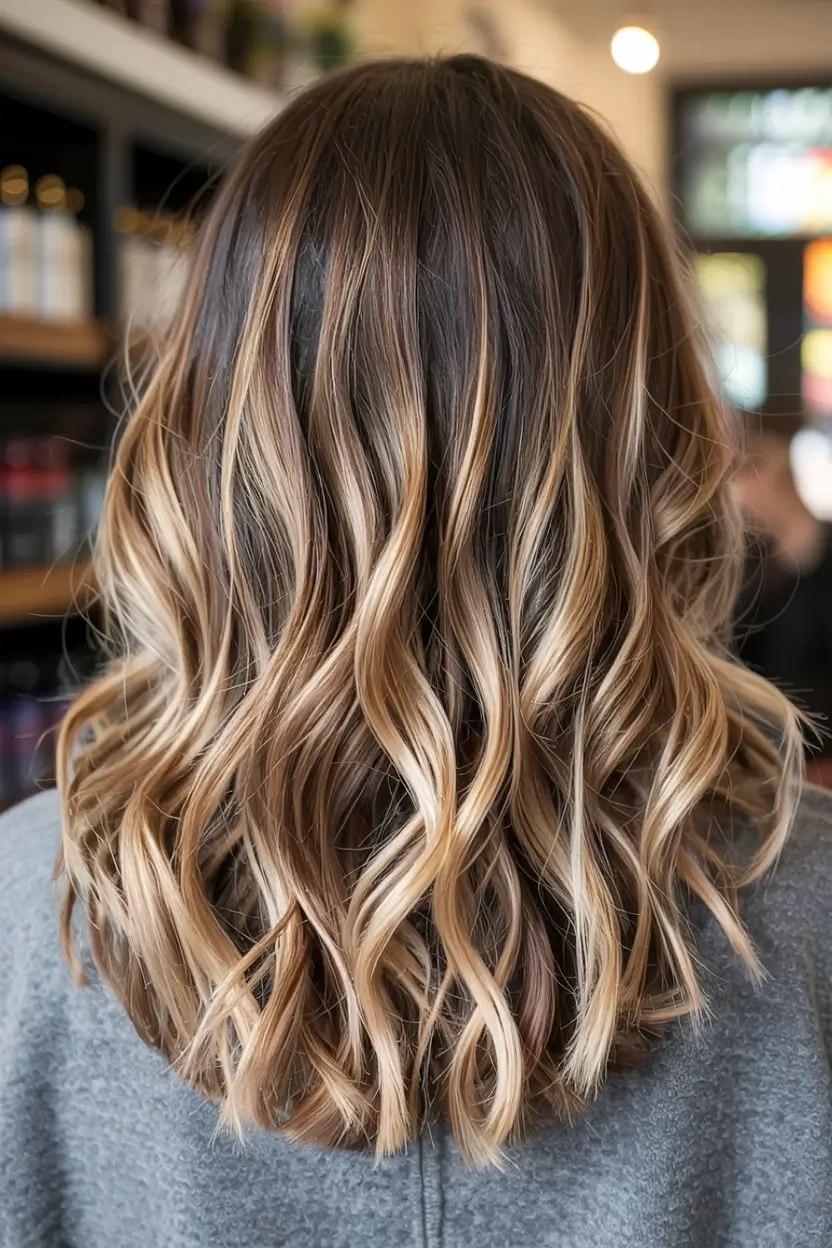winter 2025 2026 hair colors highlights Golden Blonde Balayage on Mid-Length Waves
