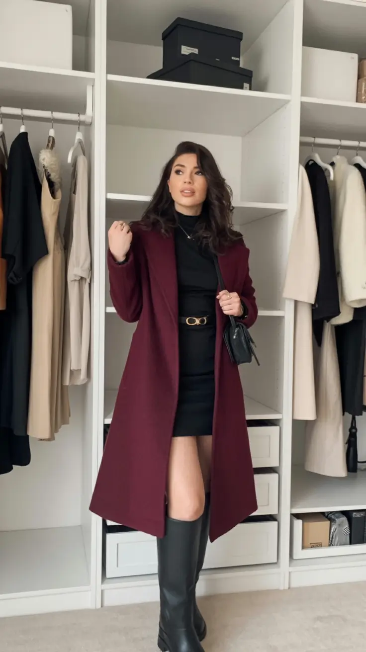 winter birthday outfit ideas 2025 2026 Wine-Toned Coat with Sleek Black Base