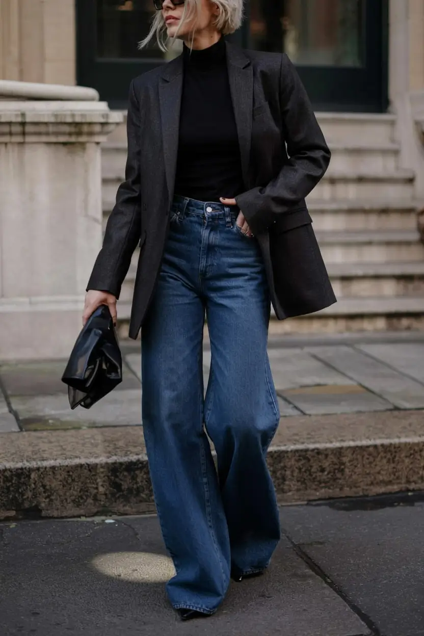 winter fashion inspo 2025 2026 Sharp Denim with Tailored Blazer