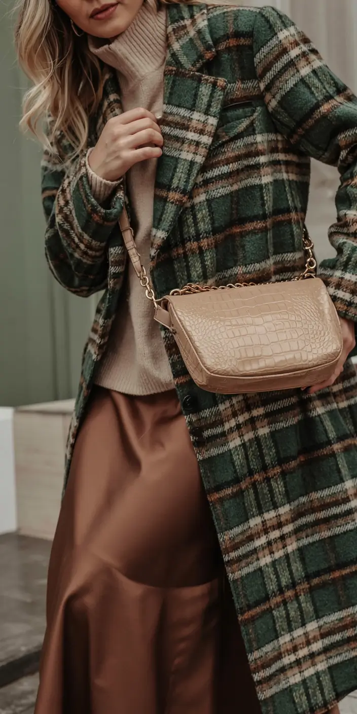 winter fashion inspo 2025 2026 Plaid Elegance Meets Satin Shine