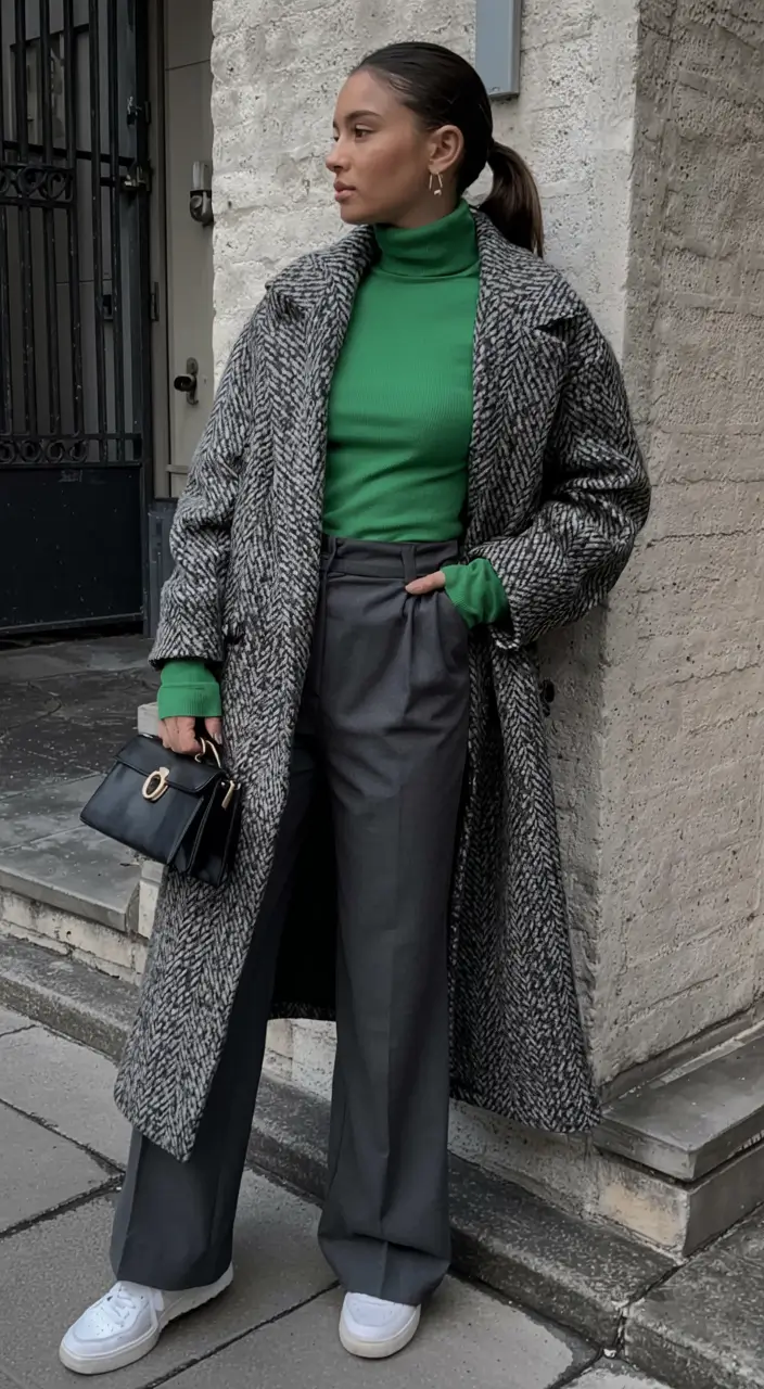 winter fashion inspo 2025 2026 Emerald Pop with Herringbone