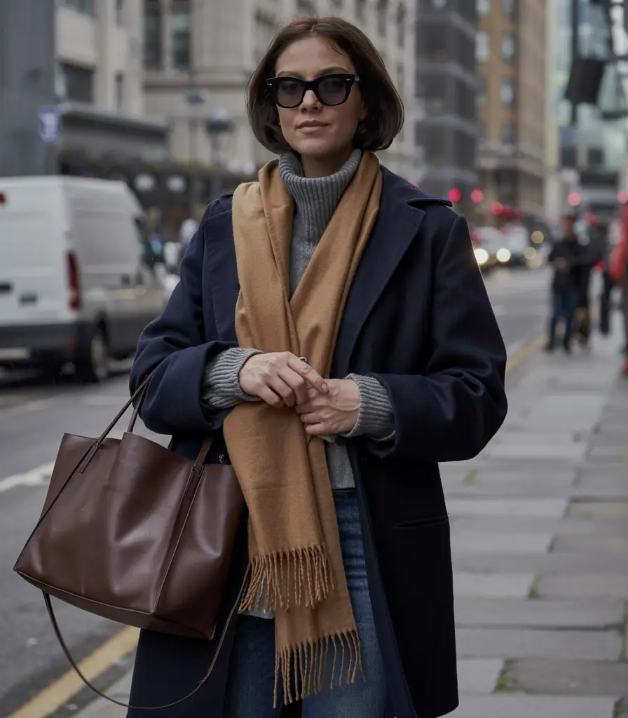 winter fashion inspo 2025 2026 Classic Navy and Camel Contrast