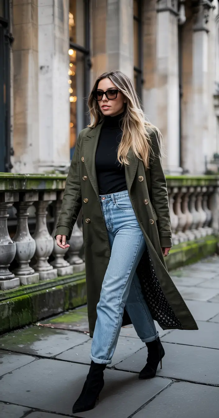 winter fashion inspo 2025 2026 Military Green with Polished Denim