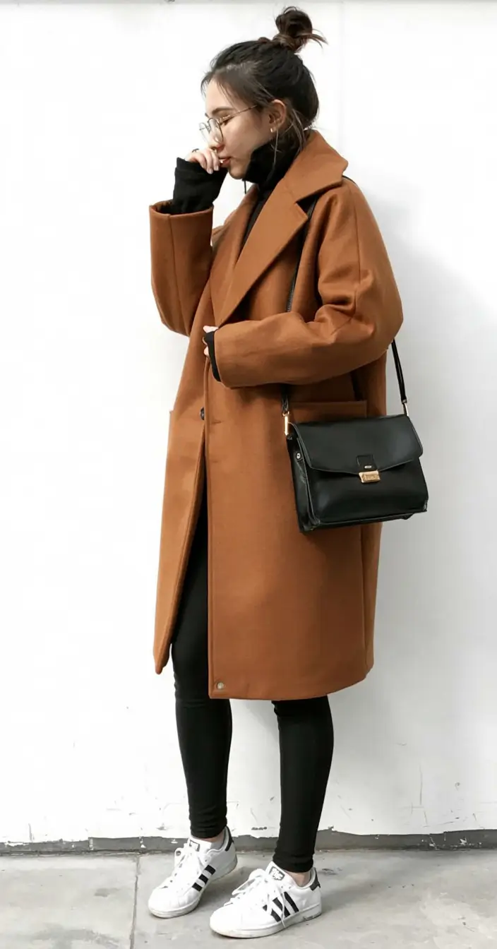 winter fashion inspo 2025 2026 Caramel Coat with Sporty Classics