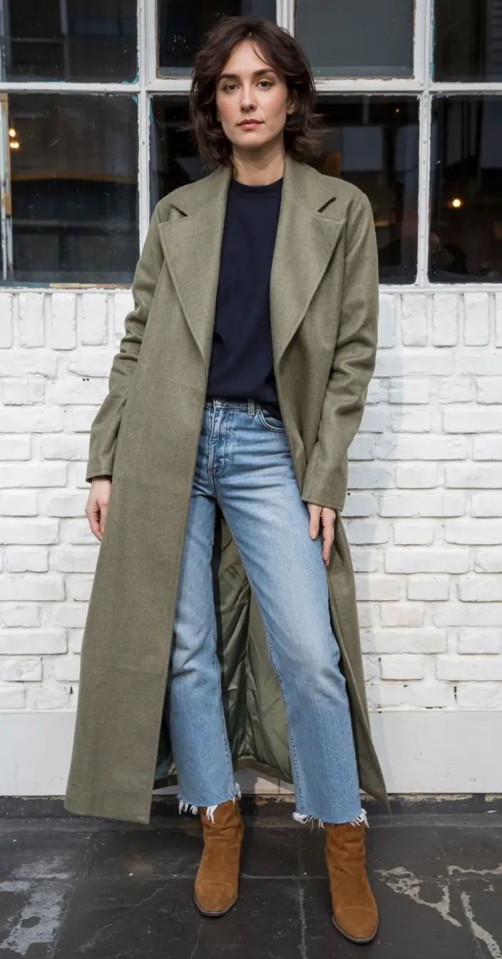 winter fashion inspo 2025 2026 Olive Coat with Laid-Back Denim