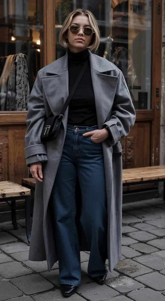 winter fashion inspo 2025 2026 Grey Elegance with Wide-Leg Denim