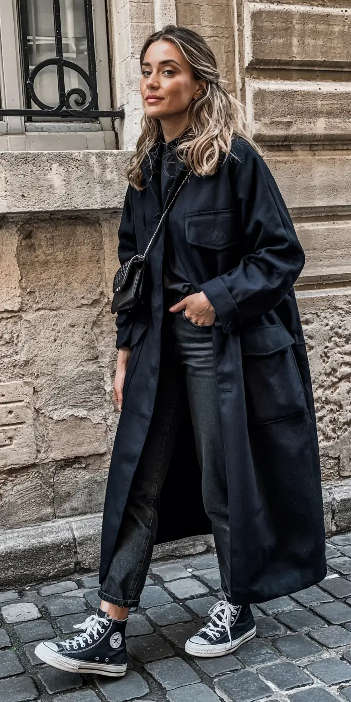 winter fashion inspo 2025 2026 Street Cool with a Long Black Coat
