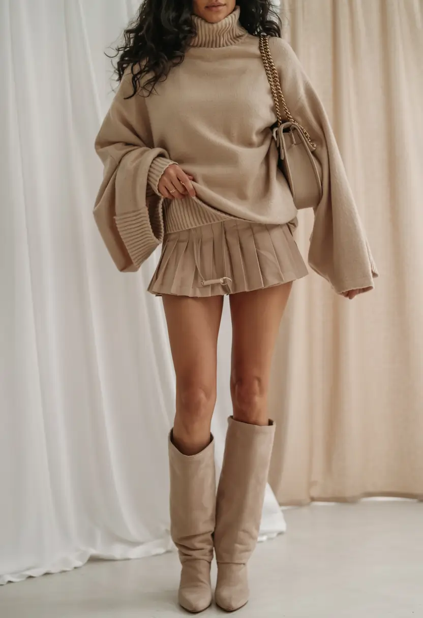 winter fashion outfits ideas 2025 2026 Beige Pleats with Cozy Oversize Knit
