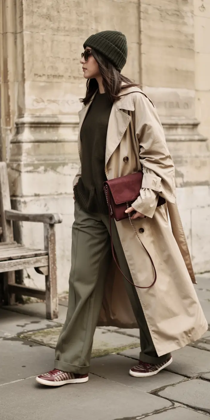winter fashion outfits ideas 2025 2026 Trench Coat with Olive Layers