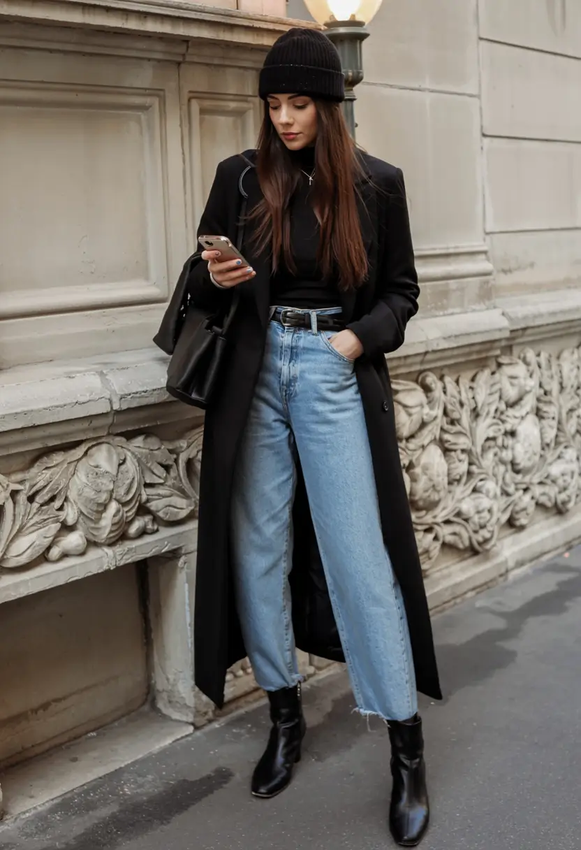 winter fashion outfits ideas 2025 2026 Modern Black Coat with Denim Classic