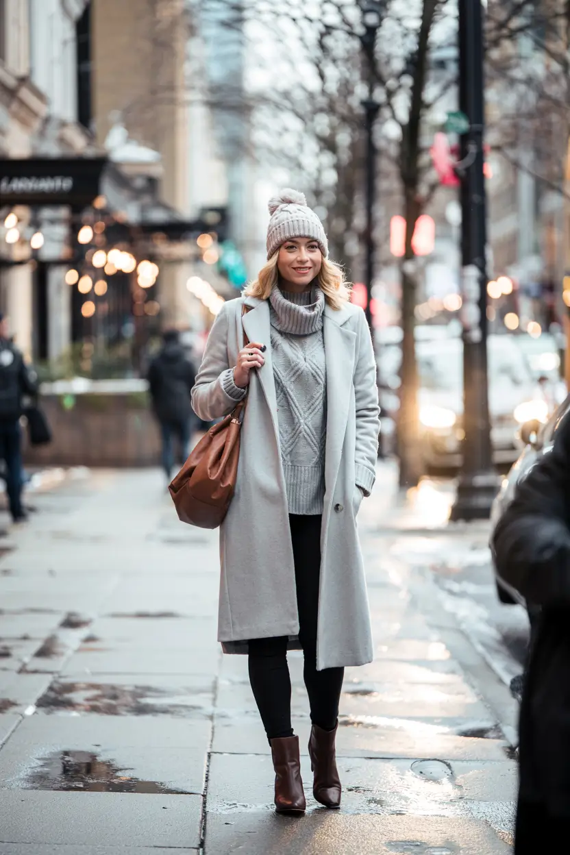 winter fashion outfits ideas 2025 2026 Soft Grey Knit Layers with a Cozy Finish