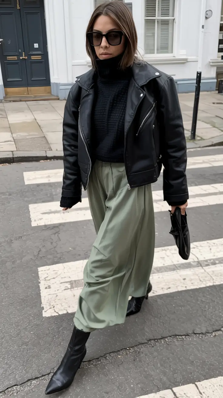 winter fashion outfits ideas 2025 2026 Leather Jacket with Wide-Leg Pants