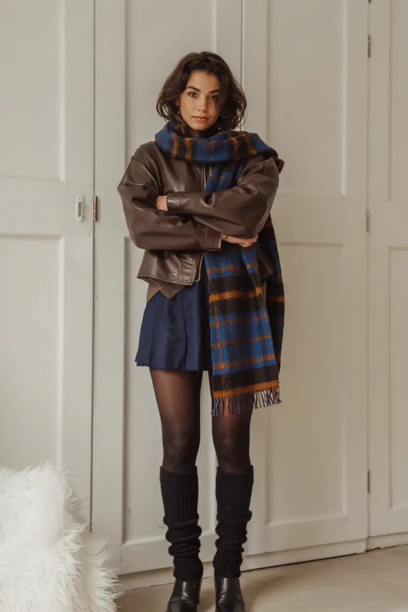 winter fashion outfits ideas 2025 2026 Leather Layers with a Pop of Plaid