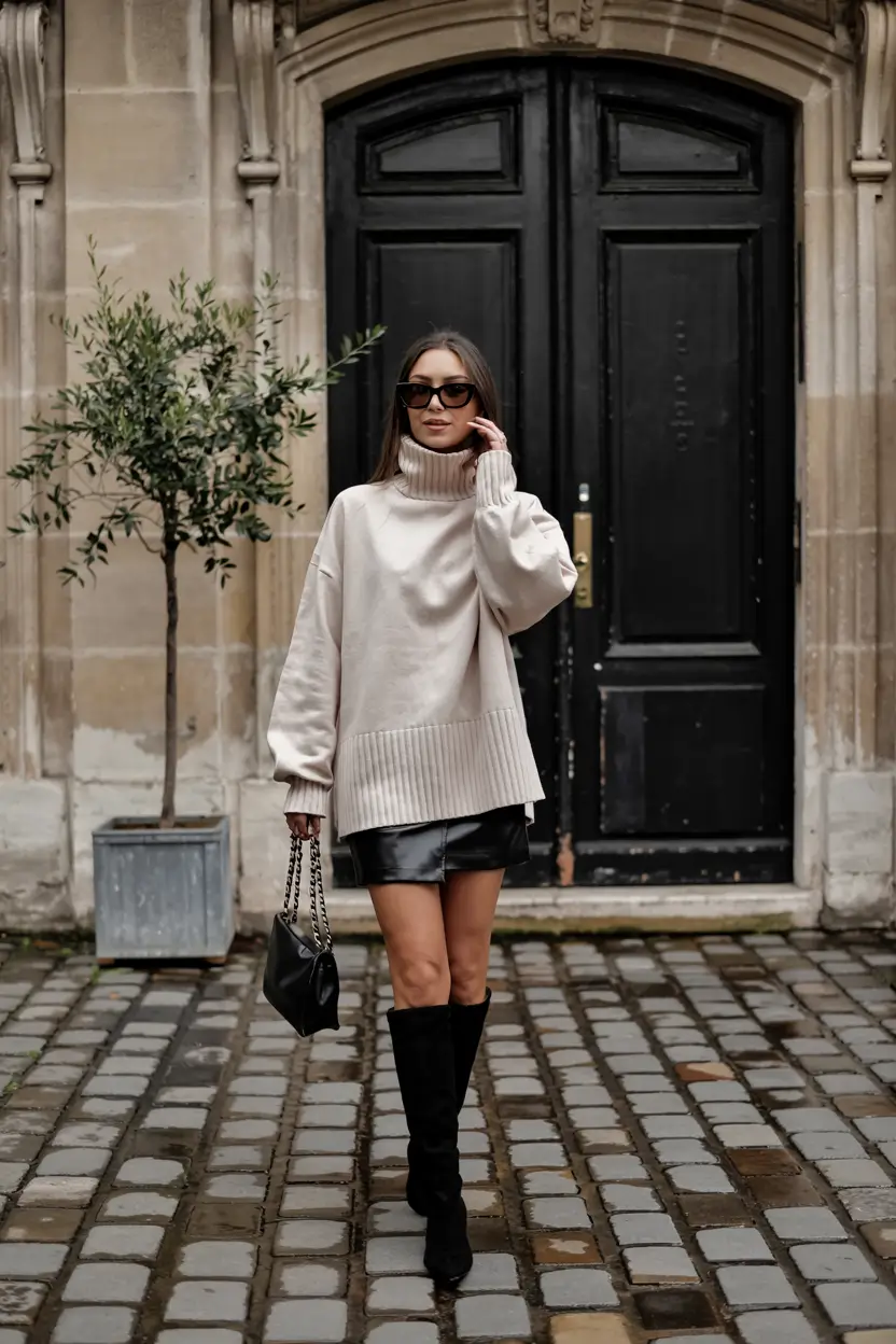 winter fashion outfits ideas 2025 2026 Minimalist Edge with Knit and Leather