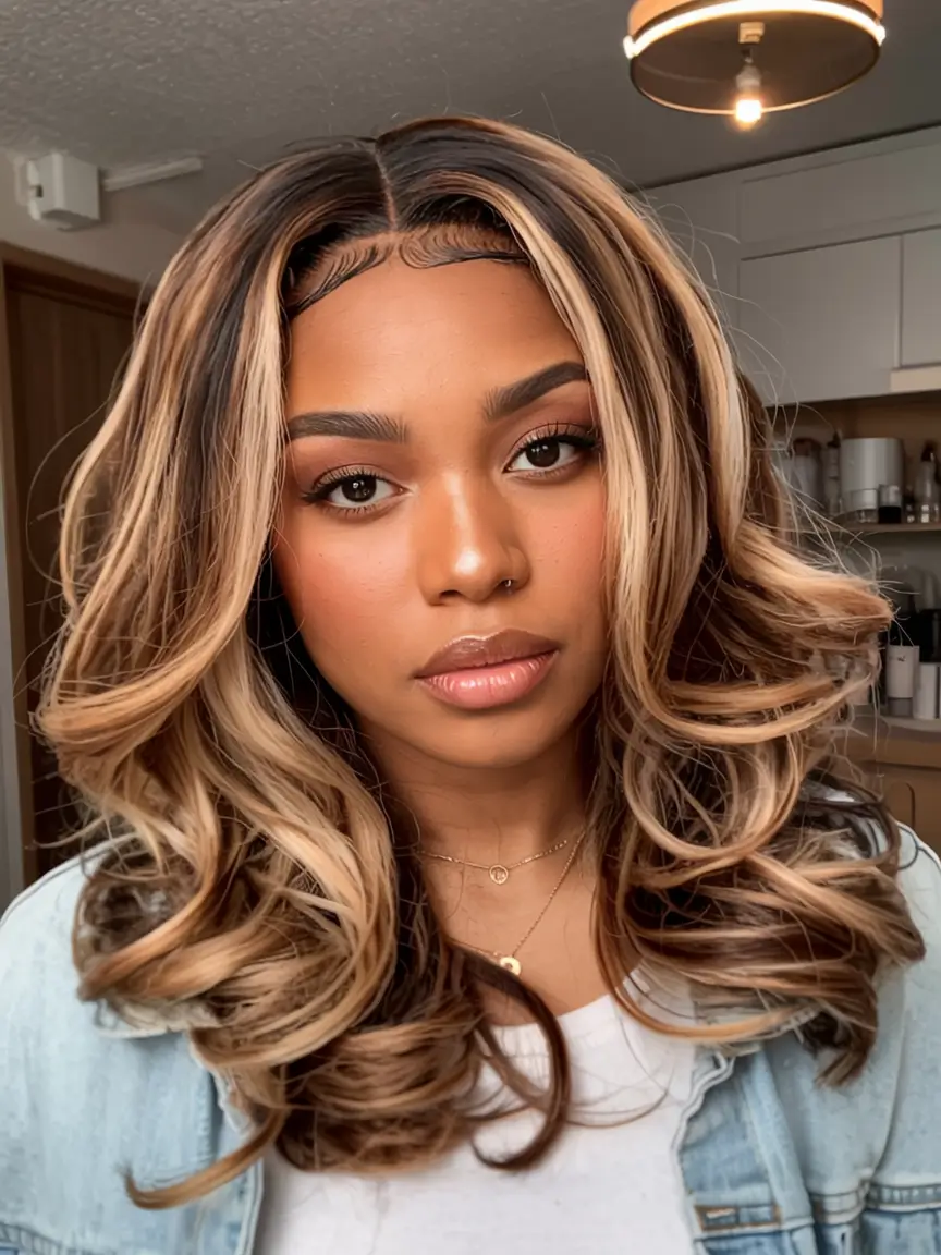 winter hair colors 2025 2026 for black women Honey-Toned Volume
