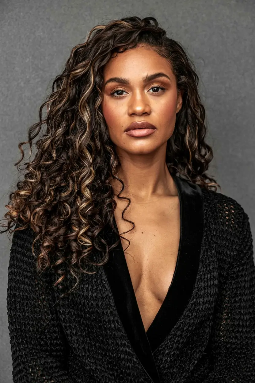 winter hair colors 2025 2026 for black women Espresso Curls with Caramel Ribbons