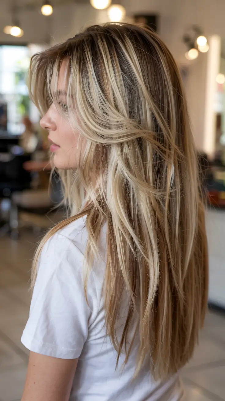 winter hair colors 2025 2026 for blondes Layered Blonde with Wispy Bangs