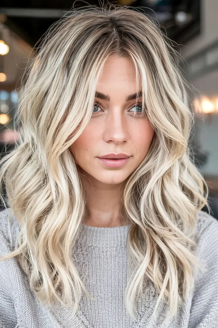 winter hair colors 2025 2026 for blondes Frosty Platinum with Curtain Bangs