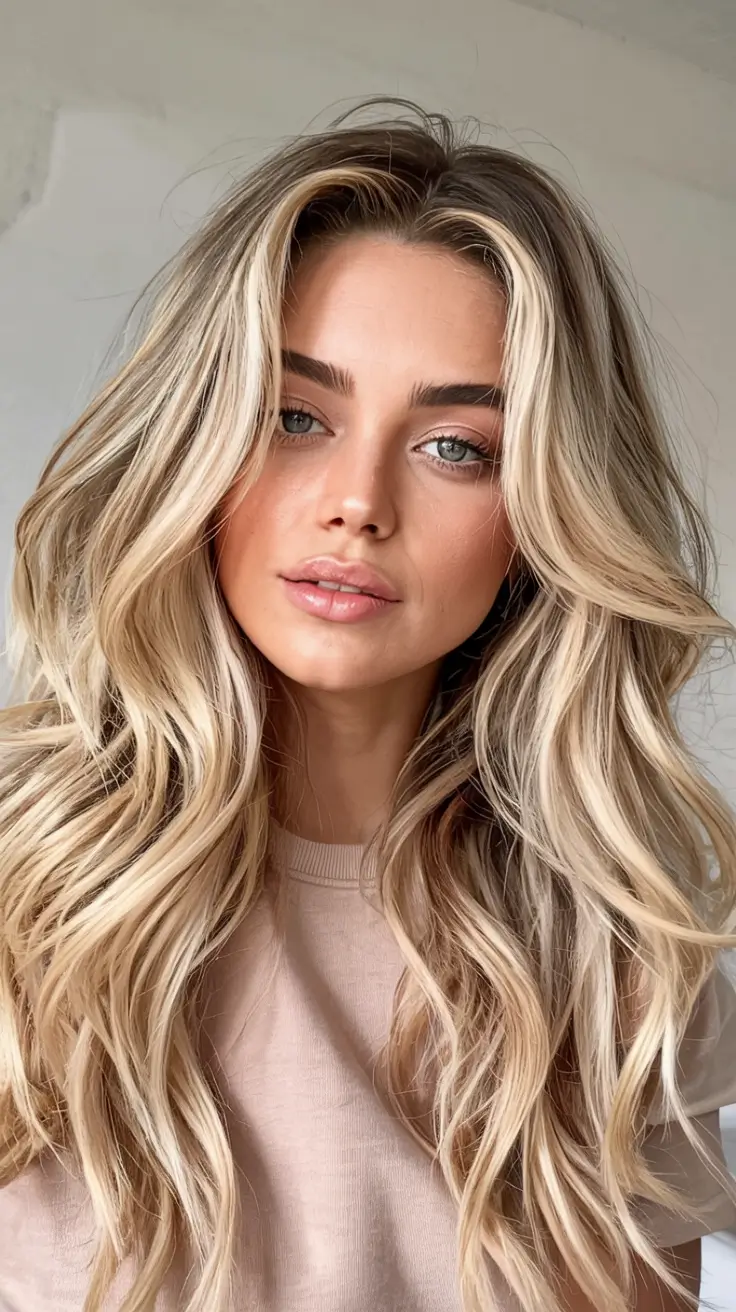 winter hair colors 2025 2026 for blondes Golden Latte Blonde with Loose Glam Waves