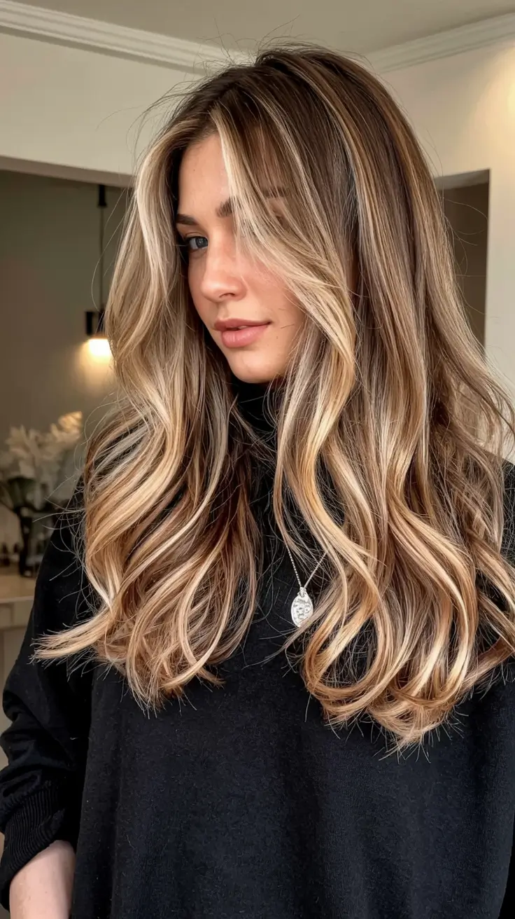 winter hair colors 2025 2026 for blondes Chestnut-Infused Blonde Balayage