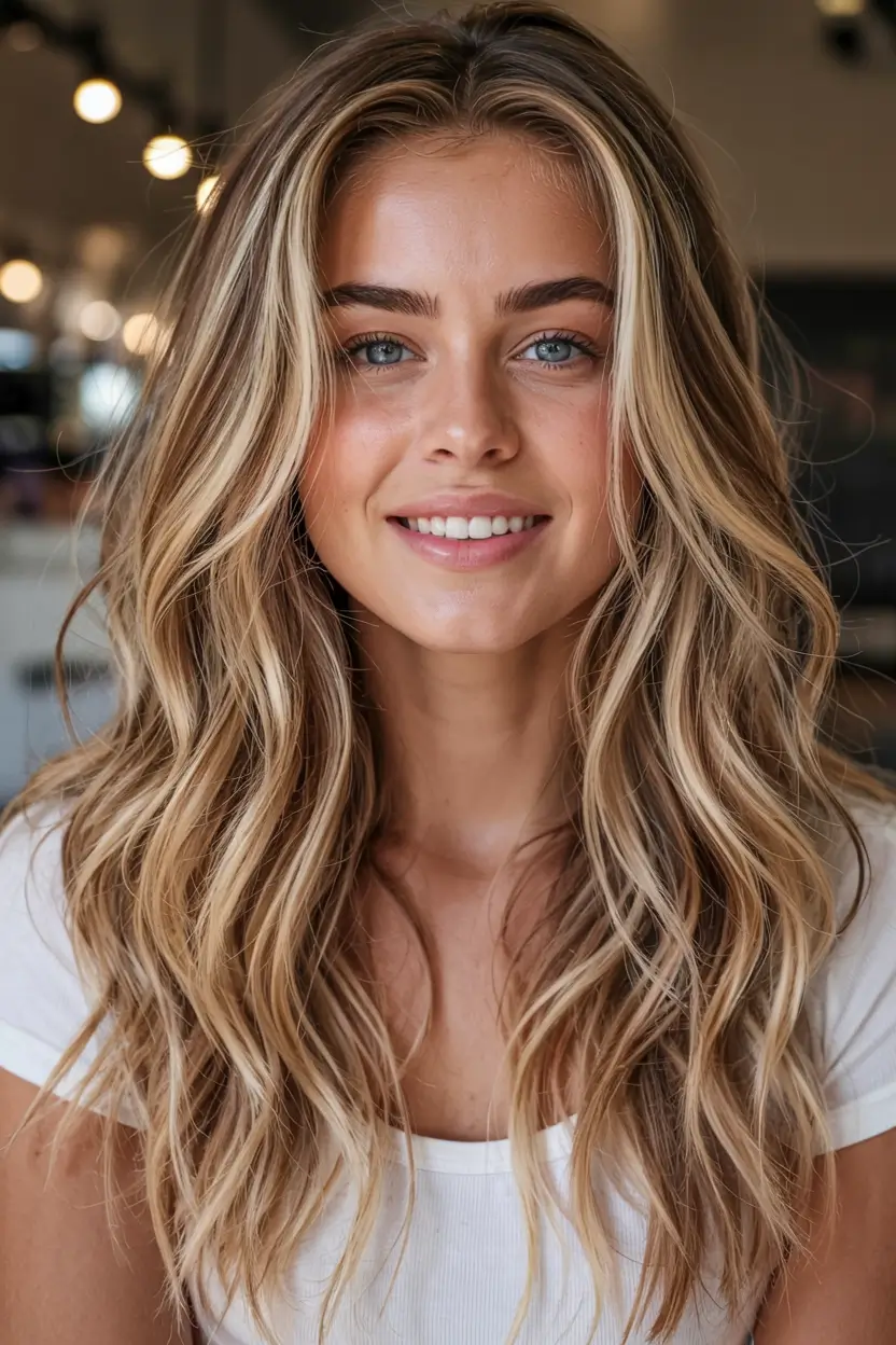 winter hair colors 2025 2026 for blondes Golden Honey Blend with Effortless Waves
