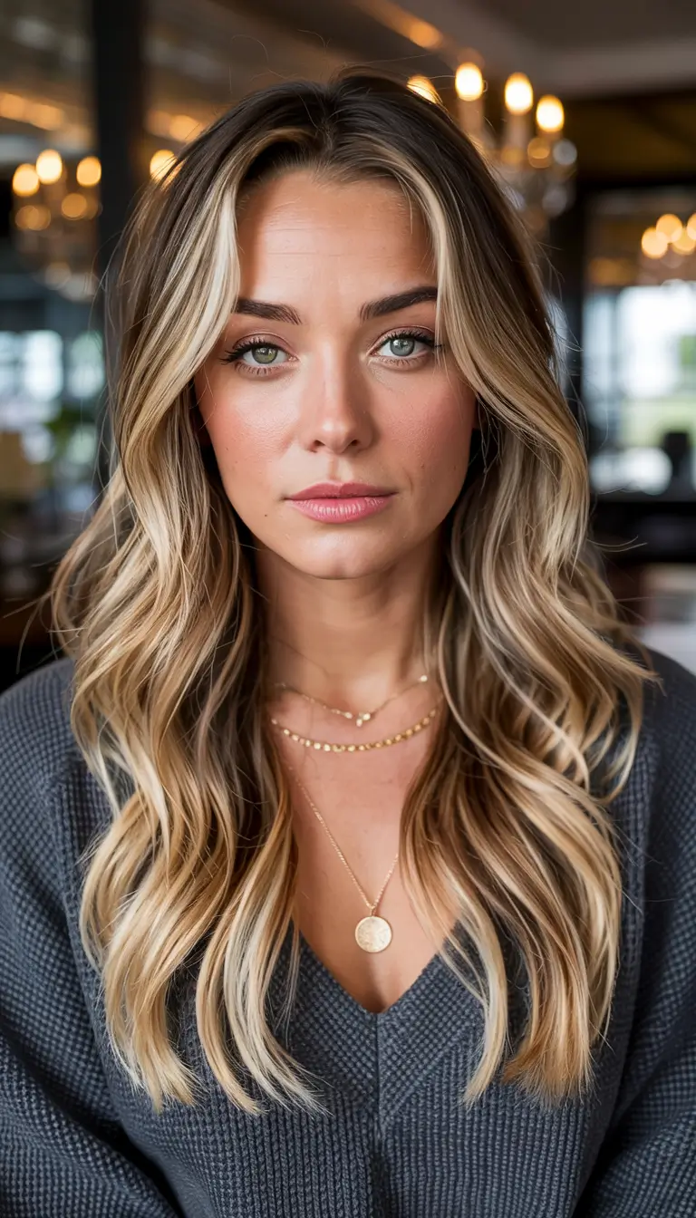 winter hair colors 2025 2026 for blondes Golden Ribbon Waves with Lived-In Roots