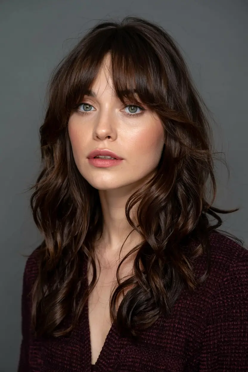 winter hair colors 2025 2026 for brown hair Velvet Brown with Fringe