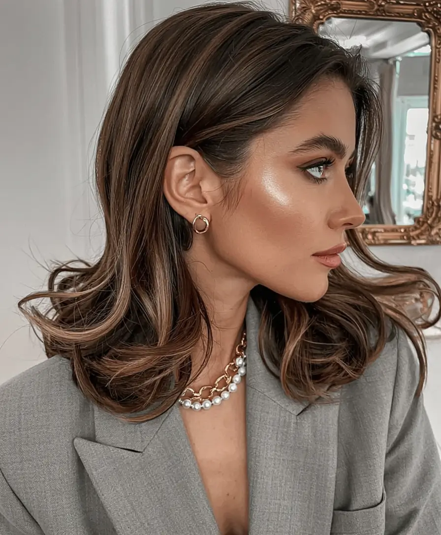 winter hair colors 2025 2026 for brown hair Chestnut Glow with Face Framing Highlights