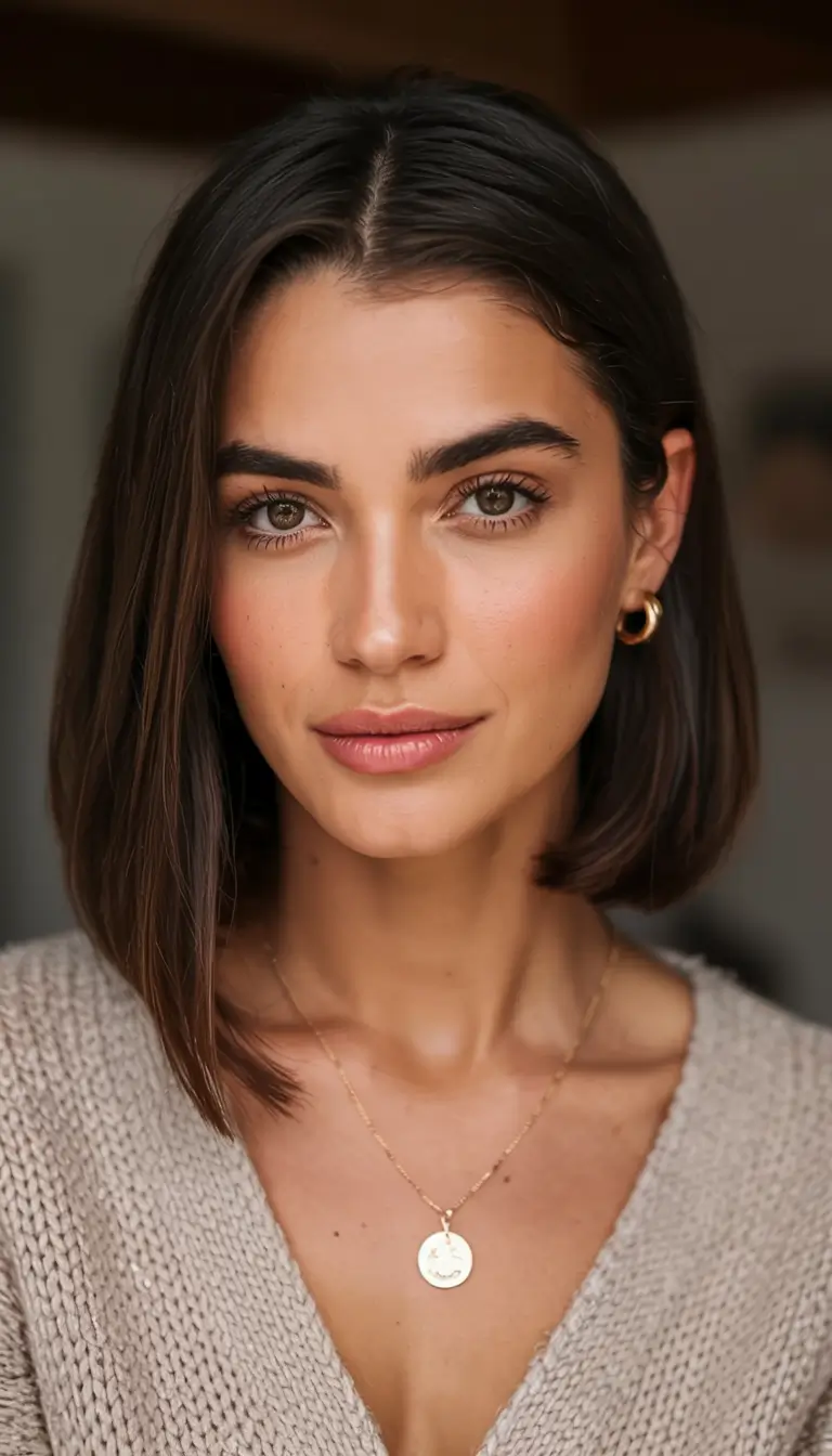 winter hair colors 2025 2026 for brown hair Midnight Brunette with Fringe