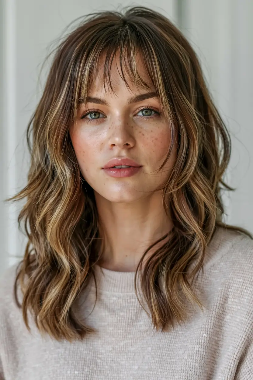 winter hair colors 2025 2026 for brown hair Golden Brown Shag with Bangs