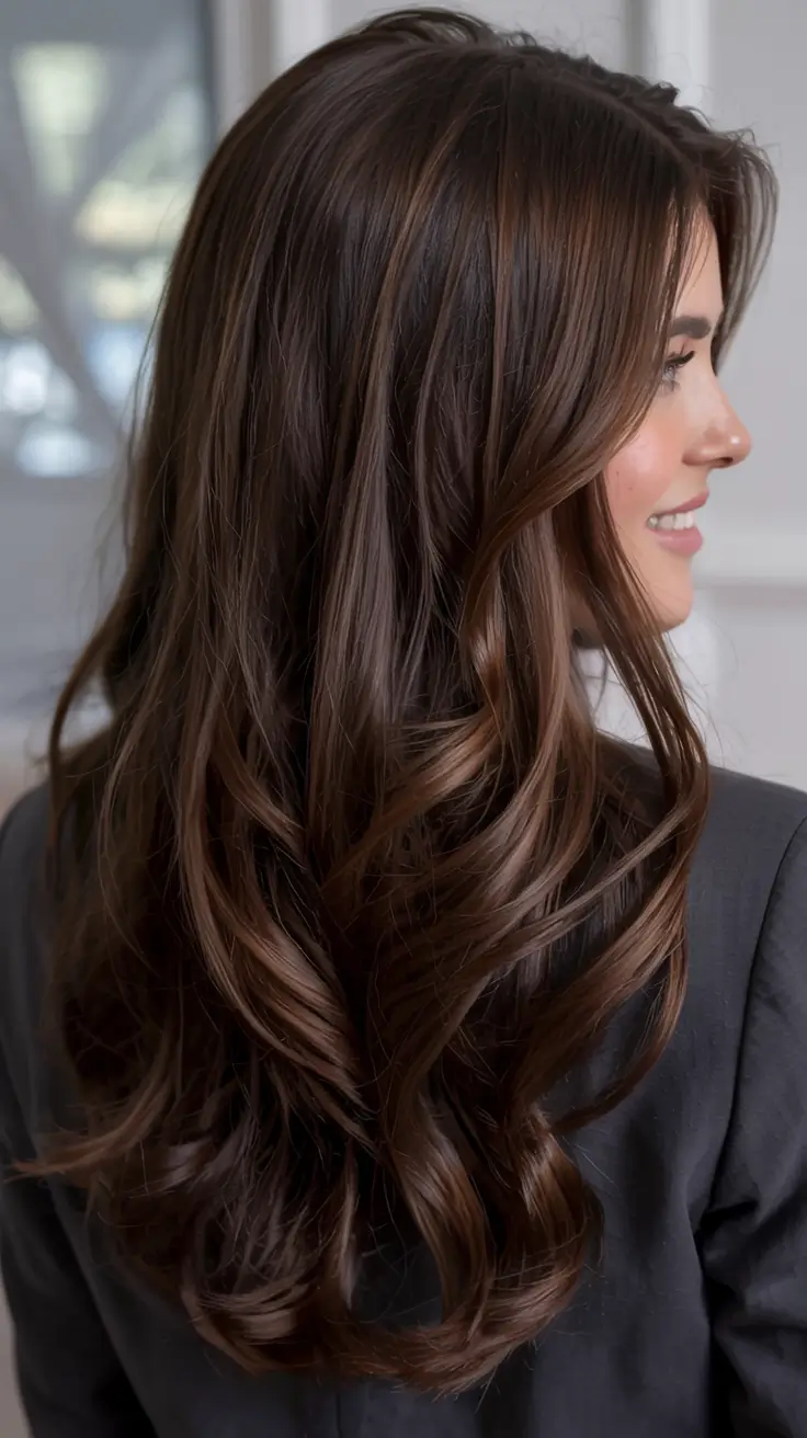 winter hair colors 2025 2026 for brown hair Glossy Chestnut Flow