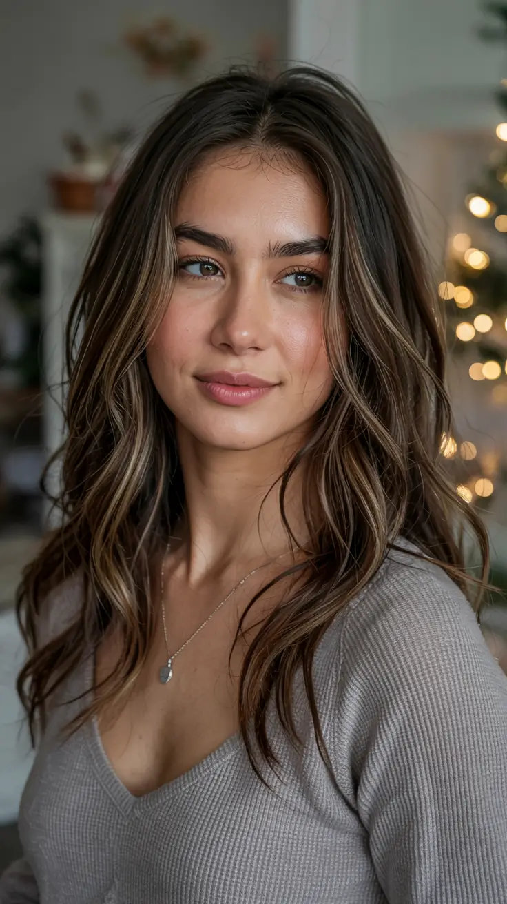 winter hair colors 2025 2026 for brown hair Soft Brunette with Frosted Lights