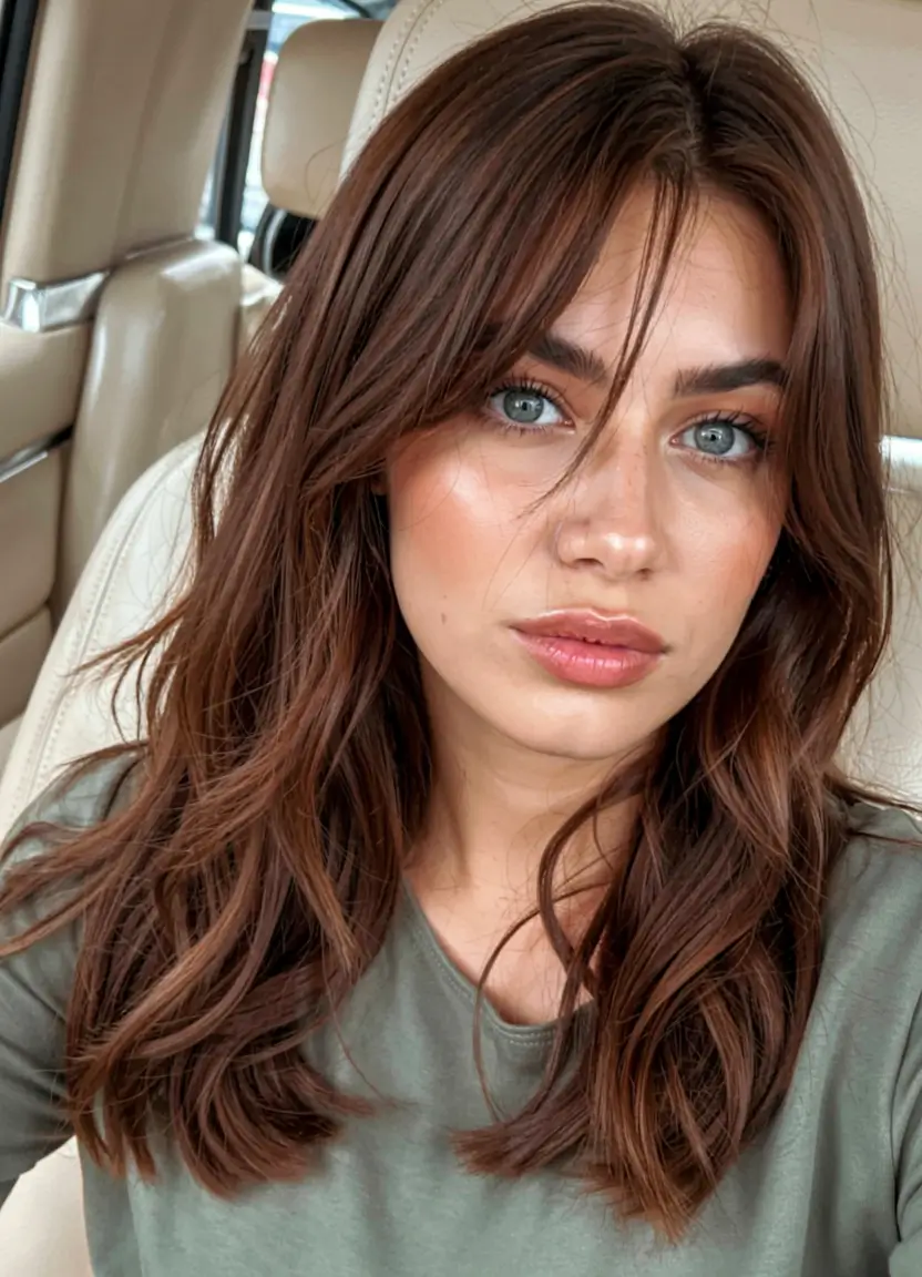 winter hair colors auburn ideas 2025 2026 Warm Auburn with Curtain Bangs