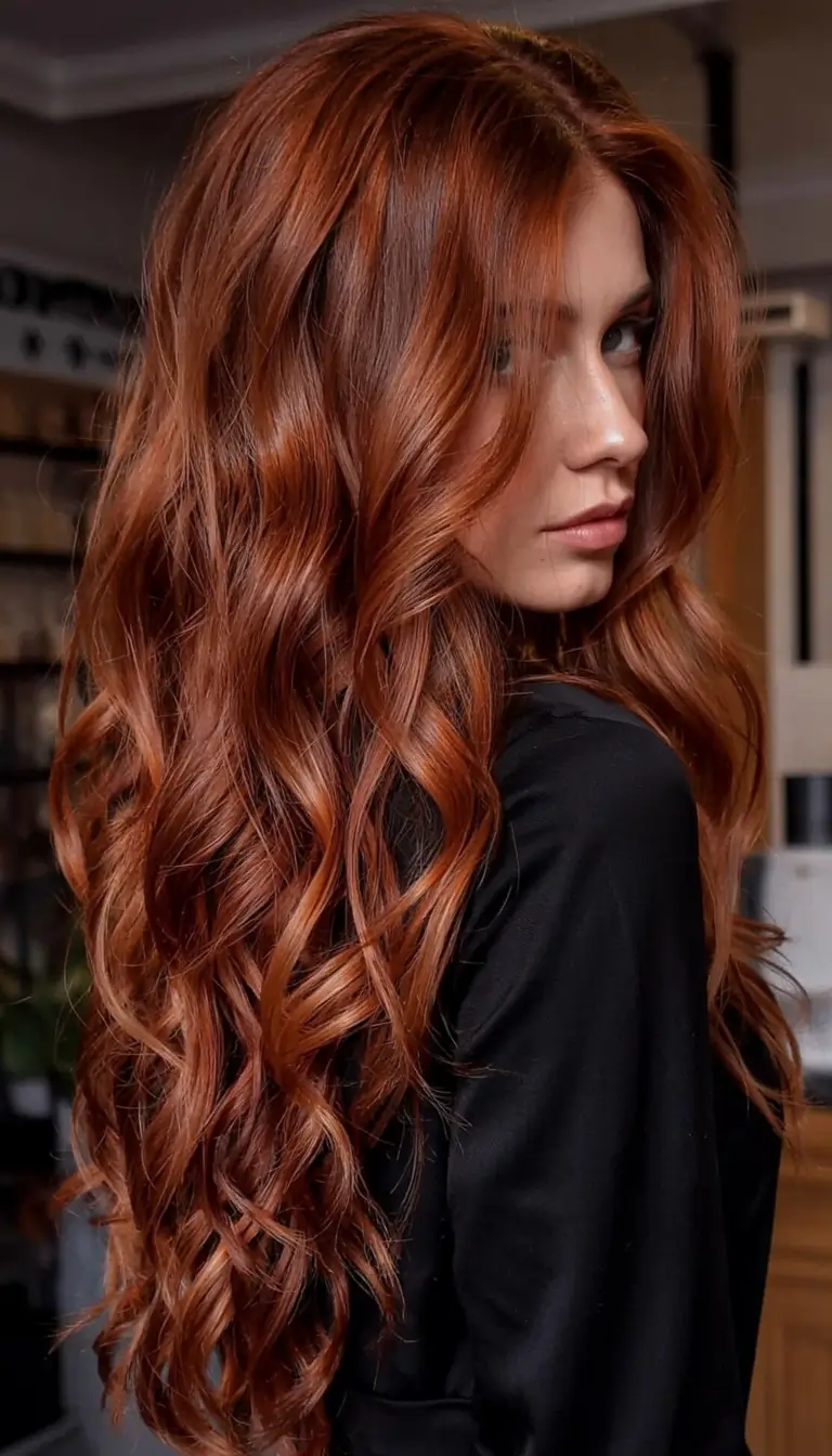 winter hair colors auburn ideas 2025 2026 Copper-Infused Hollywood Curls