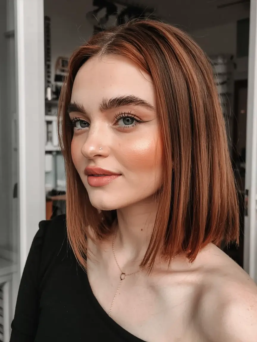 winter hair colors auburn ideas 2025 2026 Sleek Auburn Bob with a Modern Edge