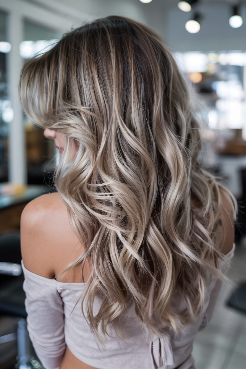 winter hair colors balayage ideas 2025 2026 Icy Champagne Waves