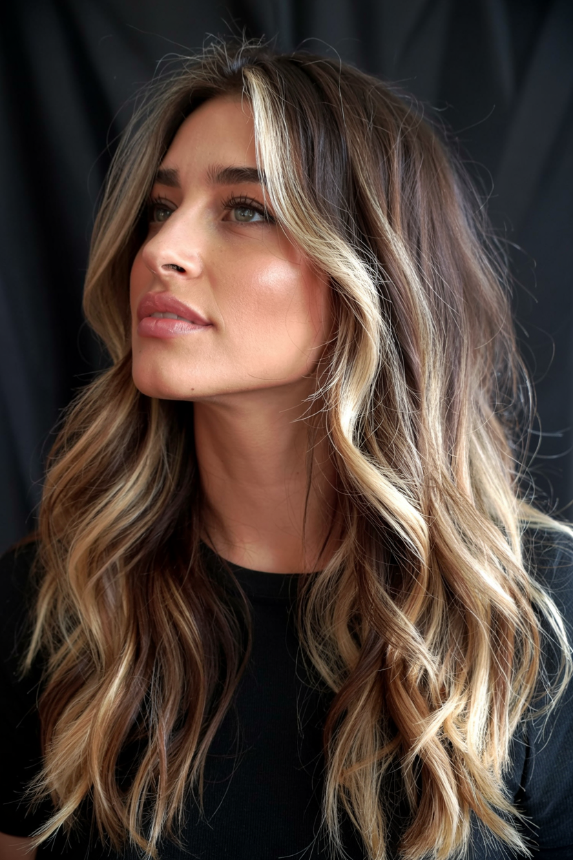 winter hair colors balayage ideas 2025 2026 Golden Frost Layers