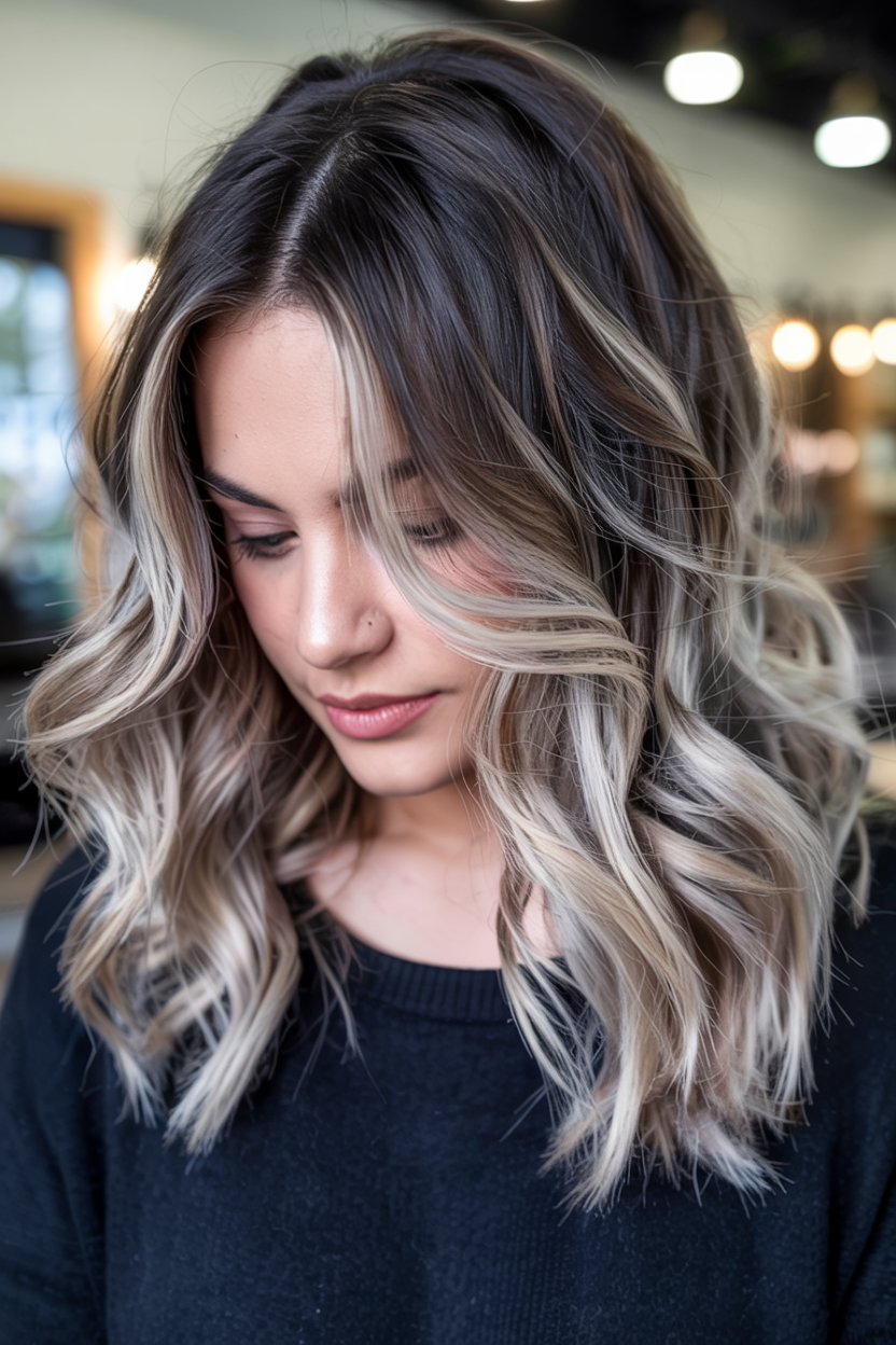 winter hair colors balayage ideas 2025 2026 Silvered Brunette Waves