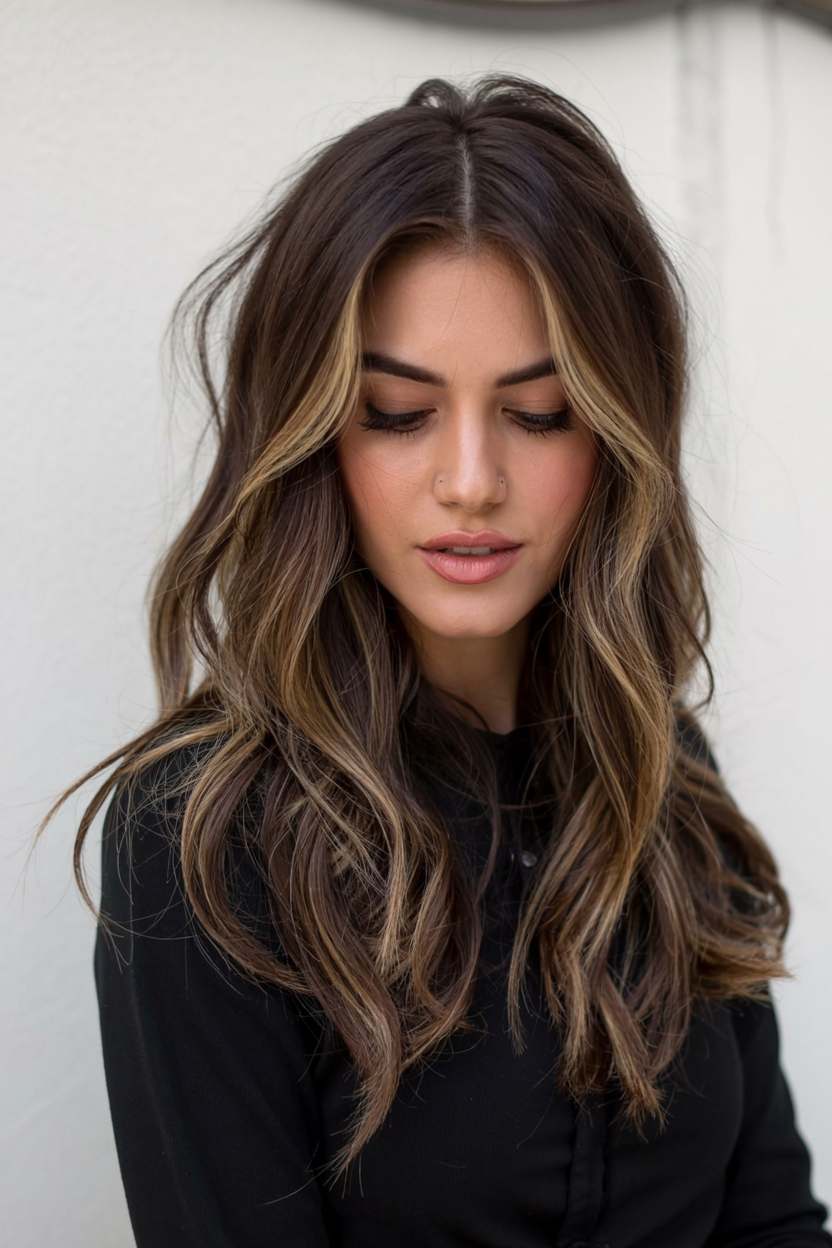 winter hair colors balayage ideas 2025 2026 Chestnut Lowlights with Golden Veins