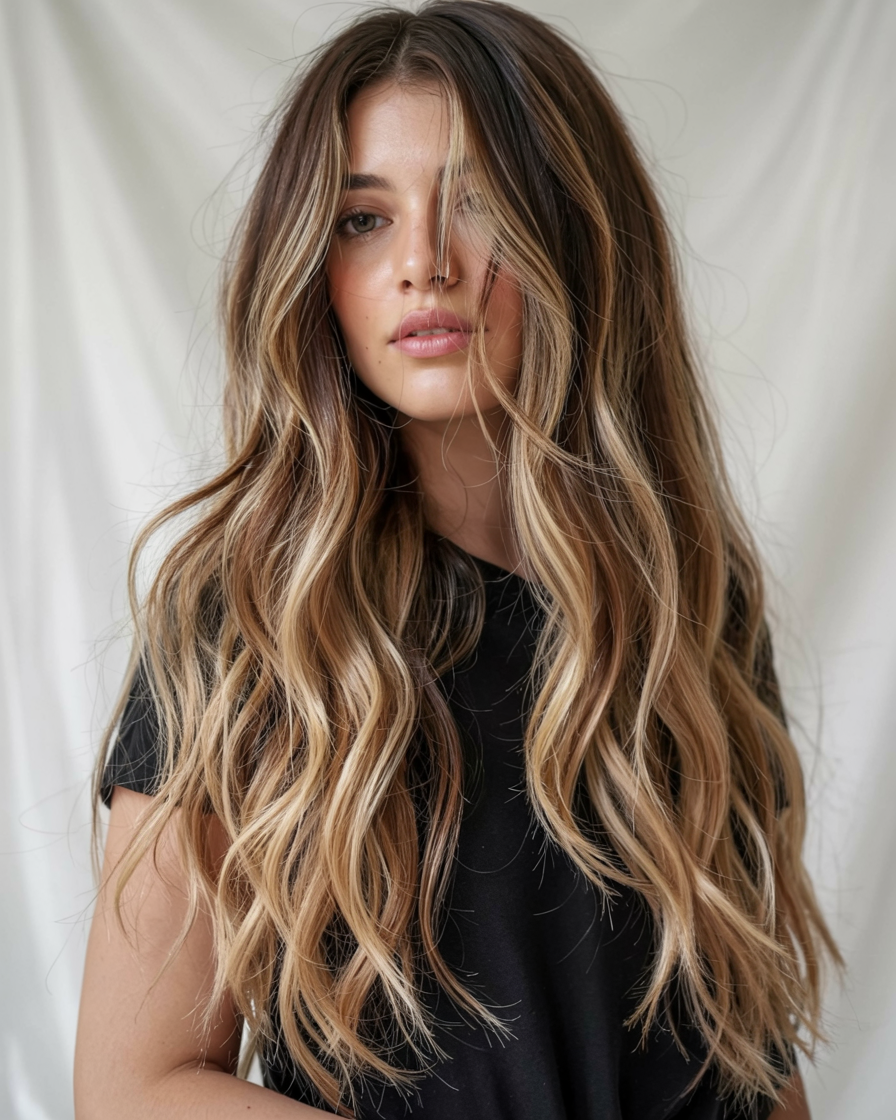 winter hair colors balayage ideas 2025 2026 Golden Sunlit Waves