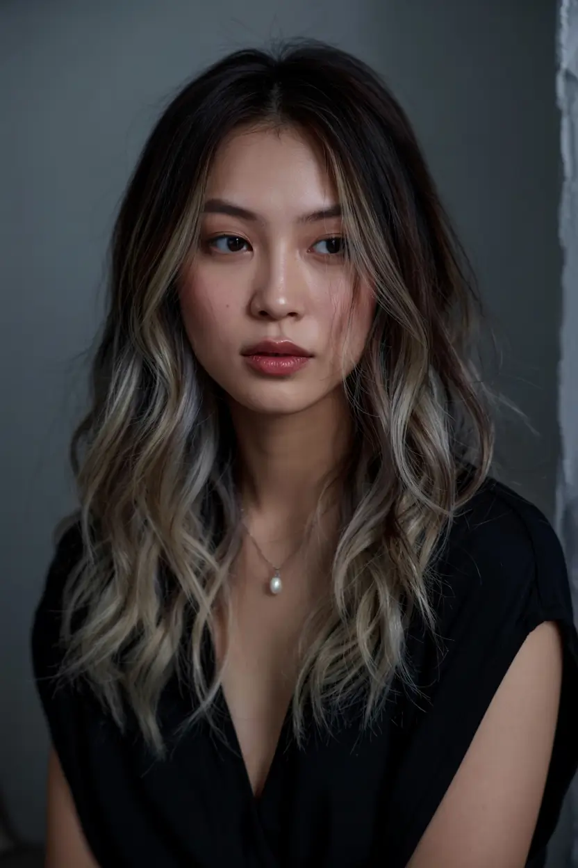 winter hair colors balayage ideas 2025 2026 Frosted Smoke Waves