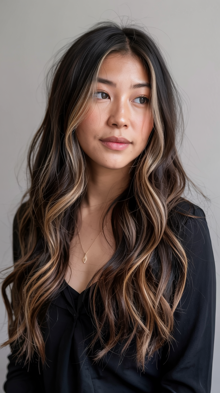 winter hair colors balayage ideas 2025 2026 Chestnut Ribbons with Face-Framing Contrast