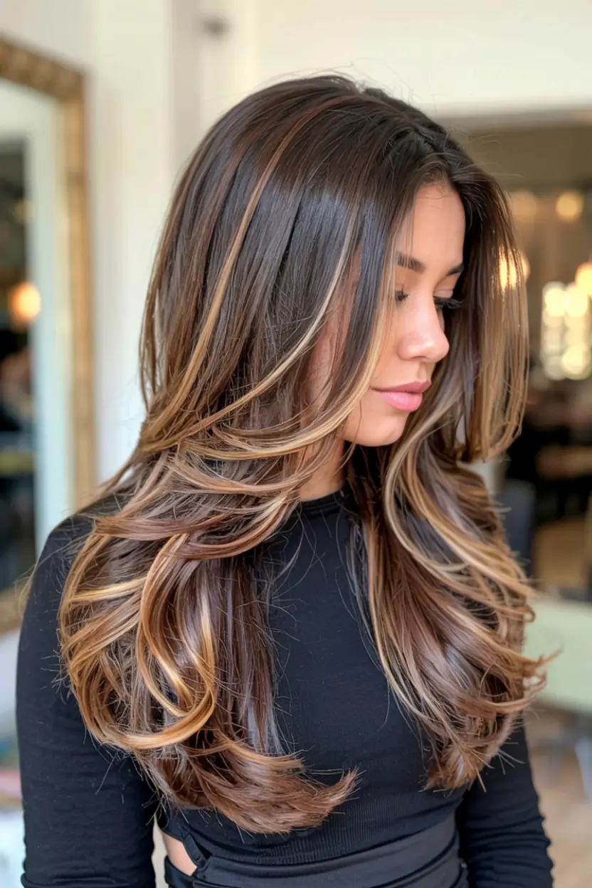 winter hair colors dark skin ideas 2025 2026 Golden Brunette Layers