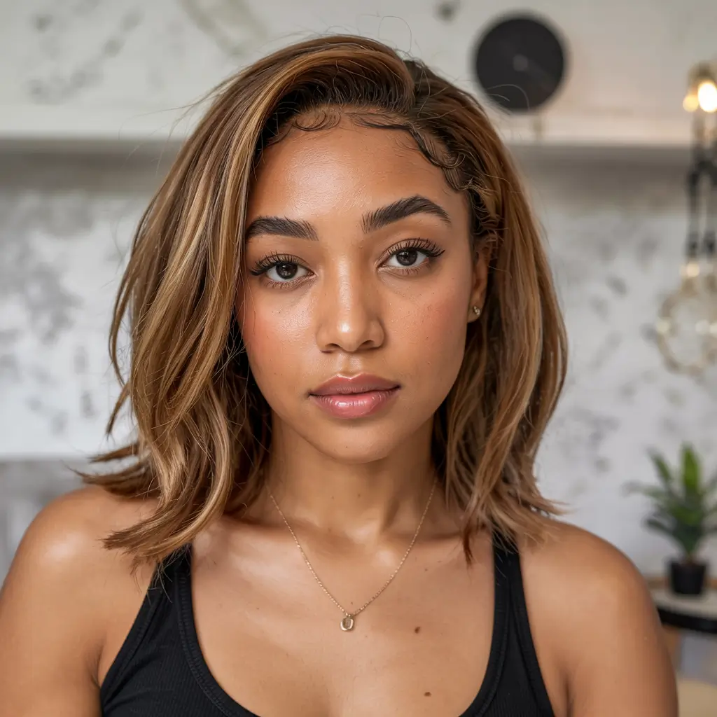 winter hair colors dark skin ideas 2025 2026 Caramel Bob